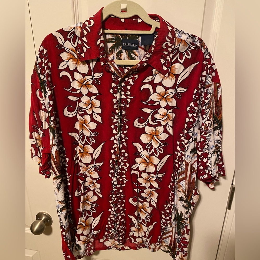 Puritan Mens Hawaiian Shirt X-Large Short Sleeve Floral Palm Trees Surf Boards